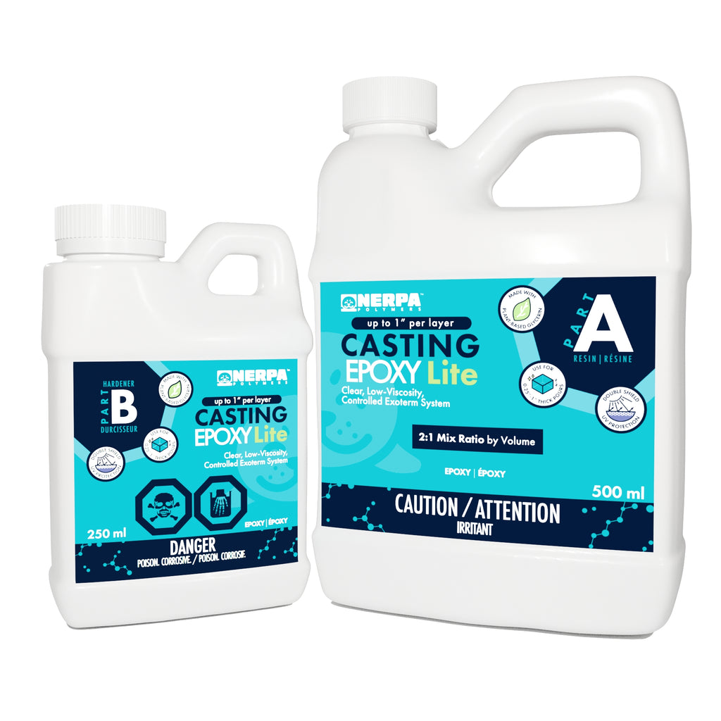 Casting Epoxy Lite 0.75L kit. Specifically formulated for small projects with a maximum thickness of one inch. Bio-based content enhanced. Easiest epoxy to work with because of the low viscosity and relatively long working time. 