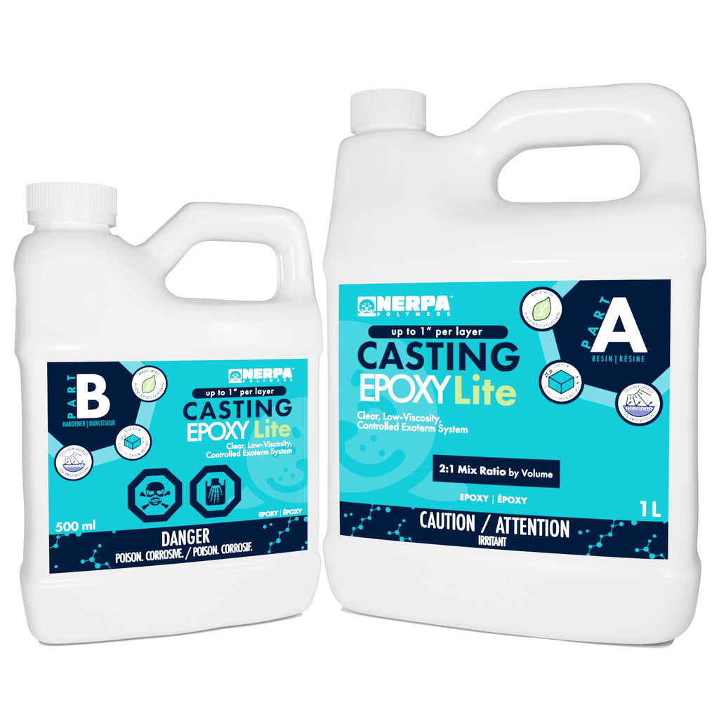 Casting Epoxy Lite 1.5L kit. Specifically formulated for small projects with a maximum thickness of one inch. Bio-based content enhanced. Easiest epoxy to work with because of the low viscosity and relatively long working time. 