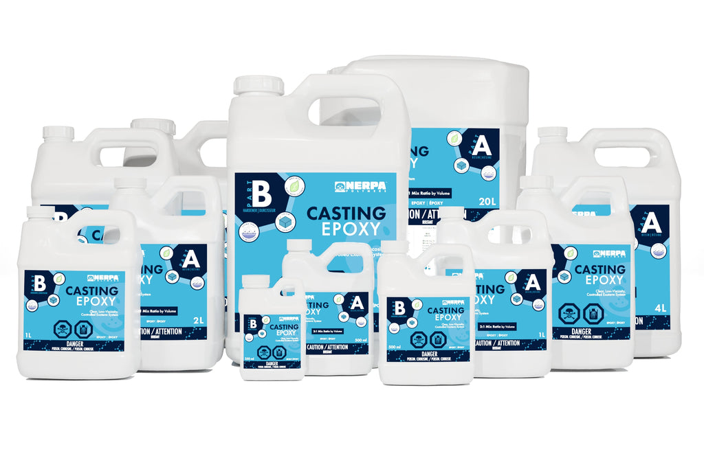 Nerpa Polymers Casting Epoxy family. Various jug sizes representing available kits on Nerpa Polymers website. Bio content enhanced. Nerpa Polymers Casting Epoxy is known for very low viscosity, ease of use and UV protection